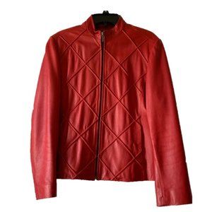 NYC Red 100% Leather Zip Up Jacket with Diamond Pattern